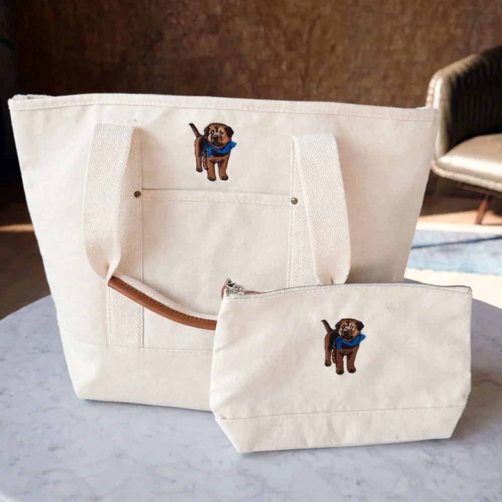 Dog Embroidered Canvas Tote + Pouch Set NWOT